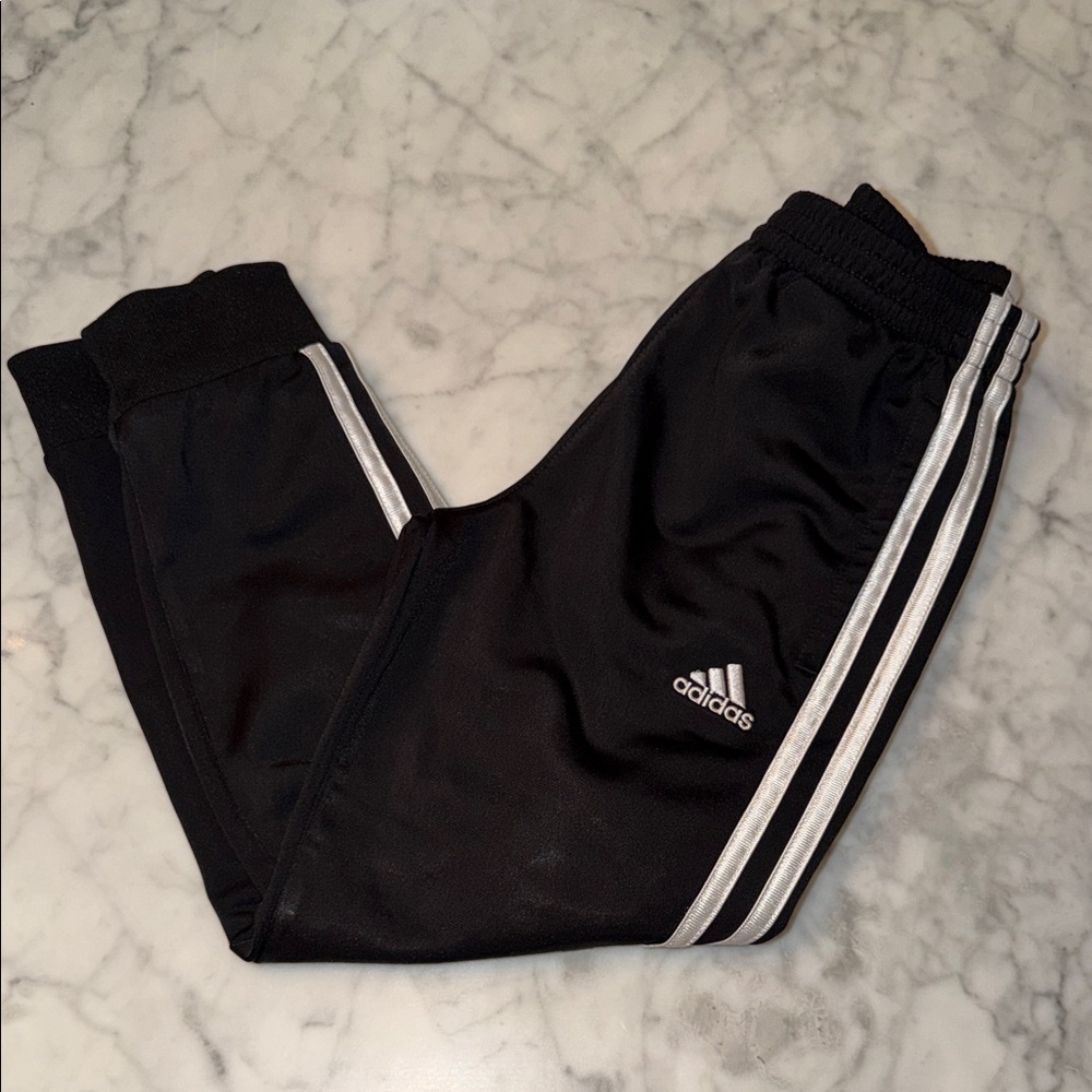 Adidas Kids Black Joggers with White Stripes 6Y